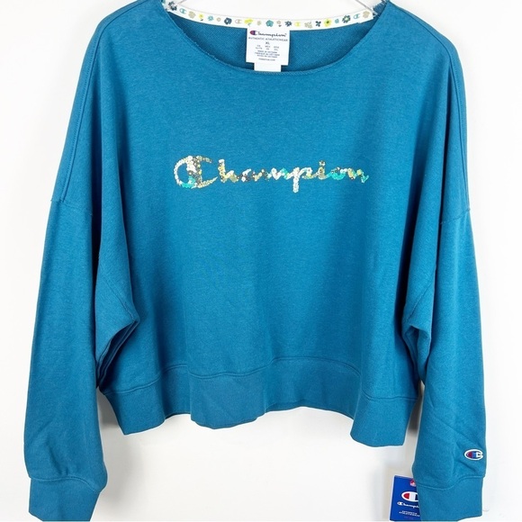 NEW Champion size XL French Terry Sweatshirt Blue Floral Logo Cropped Relaxed - Picture 4 of 11